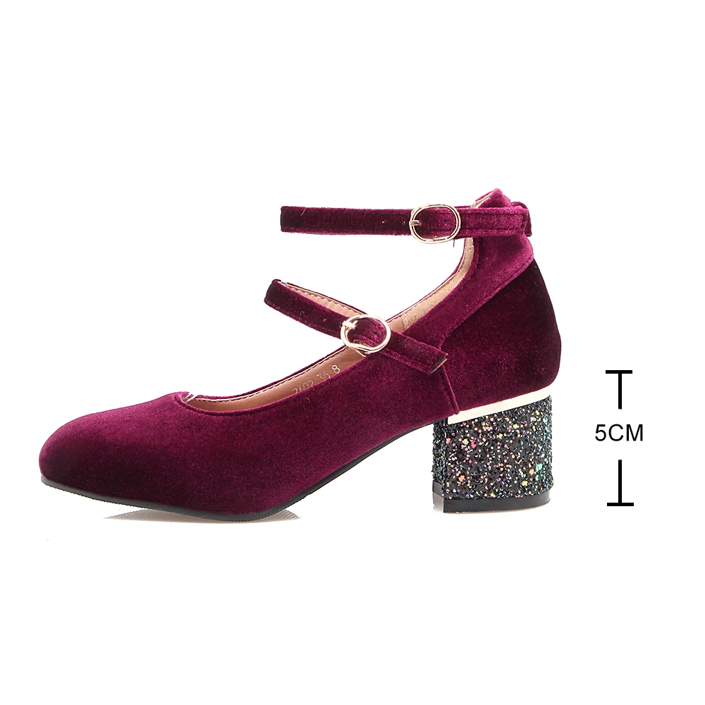 Spring velour burgundy Pumps women shoes buckle strap bling glitter sequined heels mary janes woman green velet high heel Female