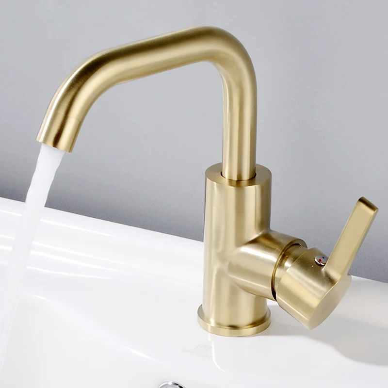 

Brushed Gold Bathroom Sink Faucet Brass Deck Mount Wash Basin Mixer Tap Single Handle Hole Cold and Hot Water Washbasin Mixed