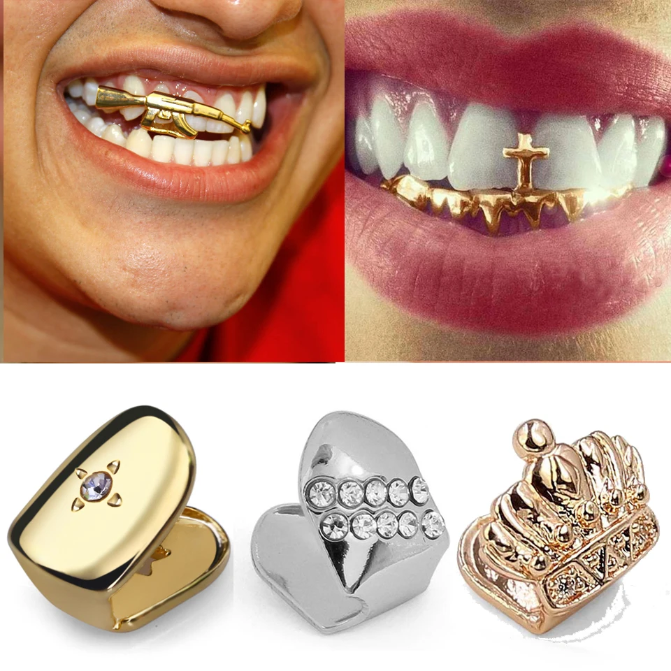 1 New  Real Gold Single Teeth Grillz Braces Punk Hip Hop Dental Mouth Fang Grills Vampire Tooth Cap Cosplay Party Rapper Jewelry