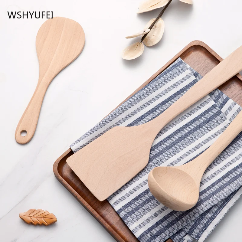 Old effect retro style household non-stick log unpainted wooden spatula wooden spatula cookware long handle spatula durable