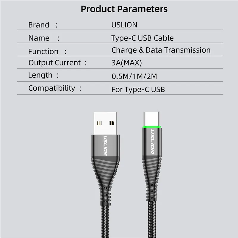 USLION LED Lighting USB C Type C Cable Micro USB 3A Fast Charging For Samsung Galaxy Xiaomi Huawei Data Transfer Charge Cord