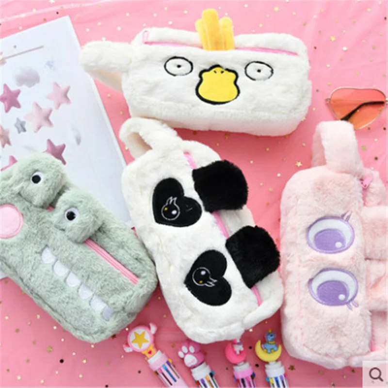 Portable plush pencil case cute animal pencil bag School stationery bag Double layer pen case prize kawaii pen bag girl handbag