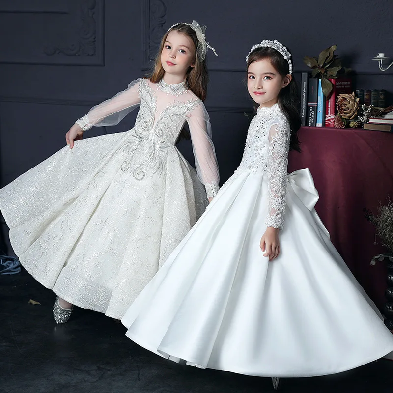 Girls First Communion Dress Flower Girl Wedding Sequins Dresses for Kids Piano Performance Vestidos Children Pageant Ball Gown