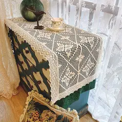 Crochet Cotton Linen Blend Table Runner, Retro Side Table Hollow Tablecloth, Lace Edge, Home Decor