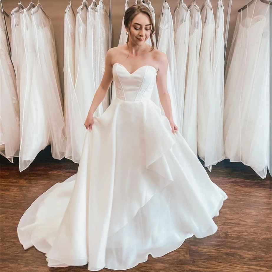 Vestido de casamento simples a linha querida sem mangas sem costas cetim botão andar comprimento varredura trem vestido de noiva sob medida feito novo