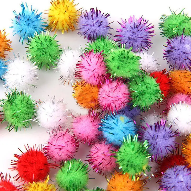 100Pcs Sparkly Glitter Tinsel Pompom Balls Small Pom Pom Ball Cat Toys 15mm