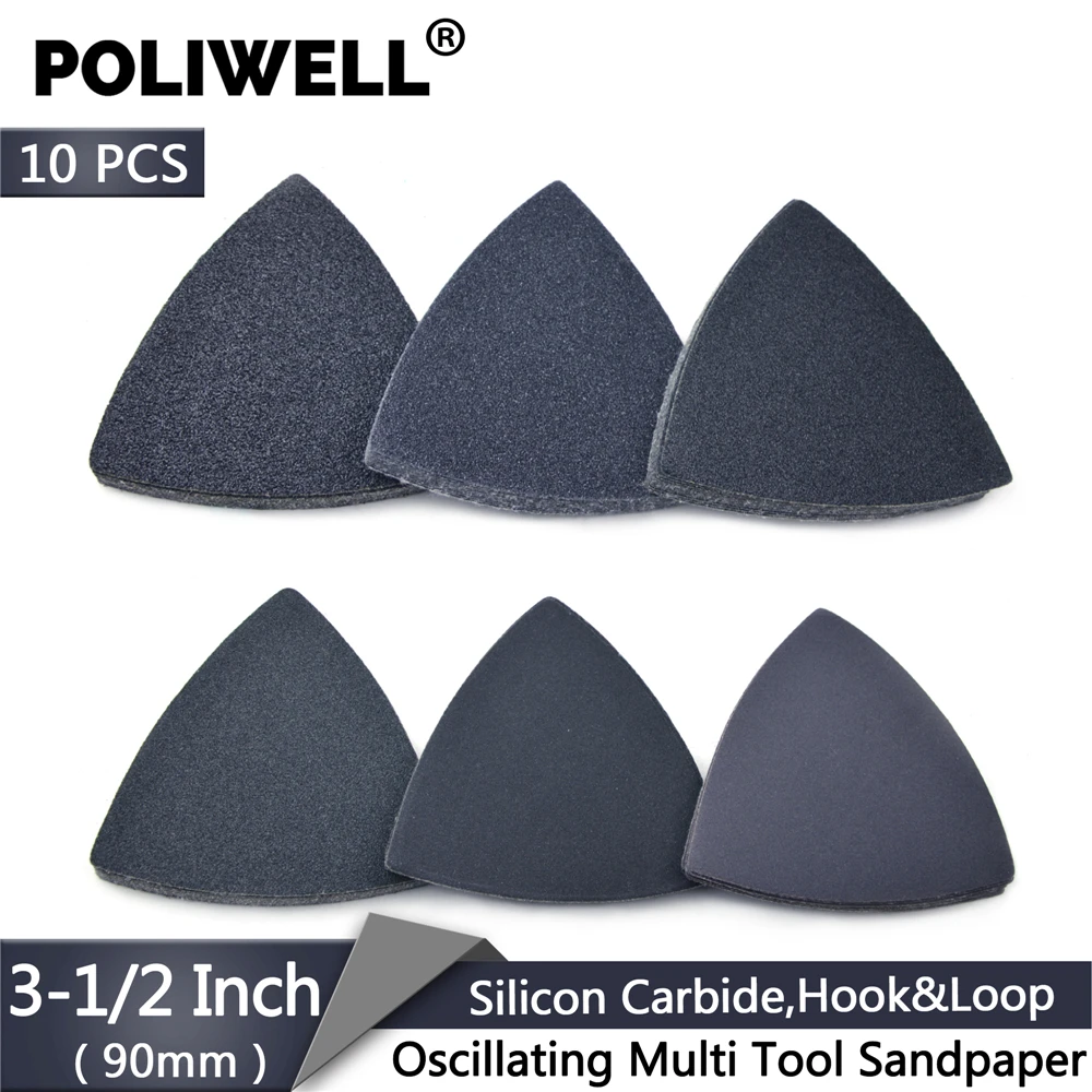 

POLIWELL 10PCS 3-1/2 Inch Grit 60/80/100/1200/240/400 Sanding Sheet Silicon Carbide Triangular Flocking Sandpaper Wood Grinding