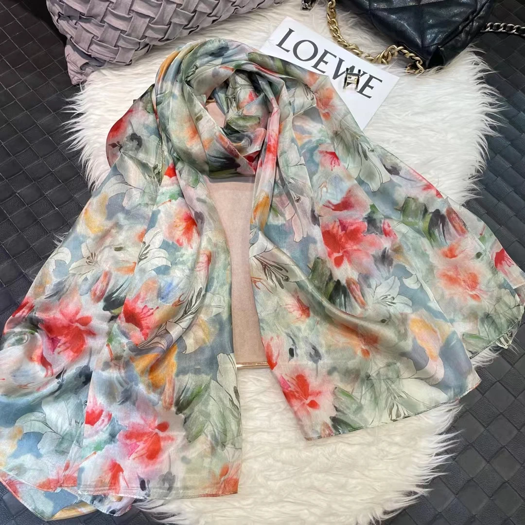 BYSIFA weiß100 % Seidenschal Damen Schals Bufandas Sommer Strandschals Foulard Herbst Winter Marke Blumendesign Lange Halstücher Hijabs 8
