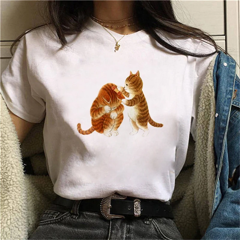 女性用半袖シャツ,襟付きブラウス,カジュアルで楽しい猫のトップス,女性へのフェミニンなギフト