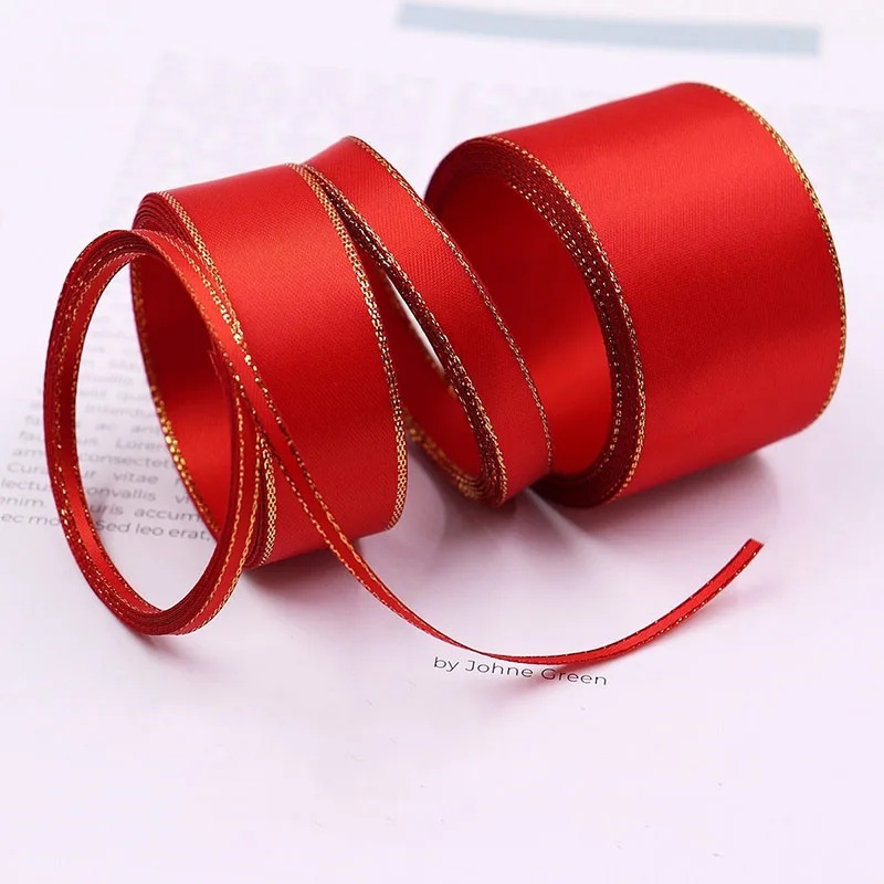 Red Satin Ribbon with Gold Edges Double-sided Gold Rim Ribbon for Gift Box Packaging, Hair Decoration, Diy Butterfly