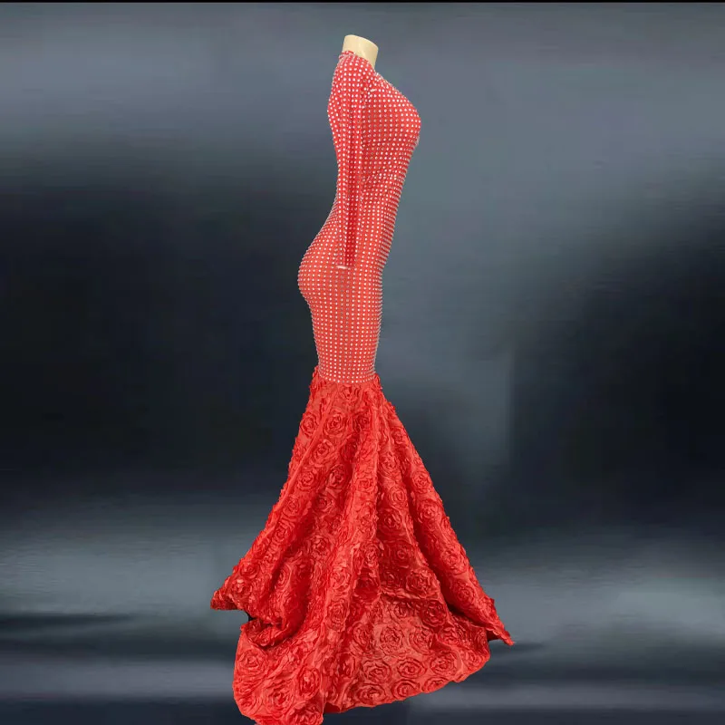 Vestido de mujer con diamantes de imitación rojos, vestido de noche Sexy para baile de graduación, vestido de tren para celebración de cumpleaños, bailarina y cantante
