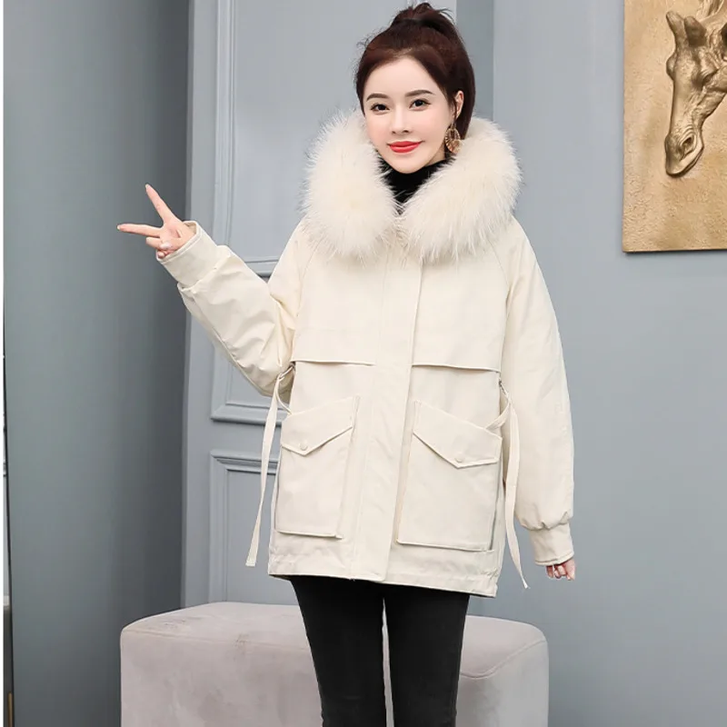 2024 Winter Loose Korean Jacket Women Thicken Warm Casual Pocket Outwear Hooded Fur Collar Plus Velvet Parkas Coat Female