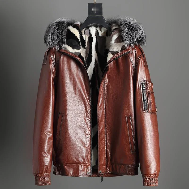 Fashion Mink Fur Liner Parka Mens First Layer Cowhide Leather Coat Male Hooded Shearling Clothes