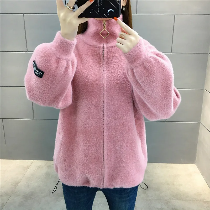 Winter Thick Faux Mink Cashmere Turtleneck Knitted Sweater Women Cardigan Loose High Collar Long Sleeve Knit Jacket Coat Female