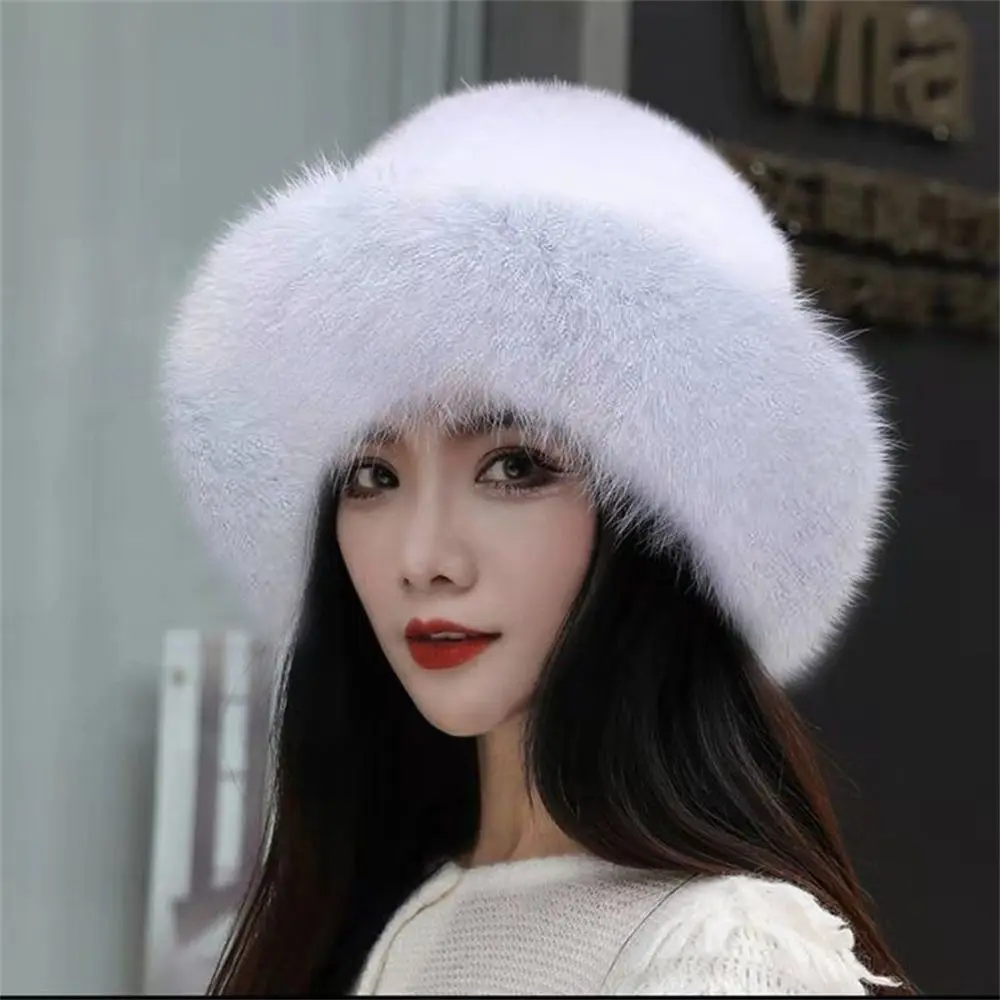 Fashion Women\'s Furry Winter Faux Fur Hat Berets Warm Cap Faux Fox Fur Brim