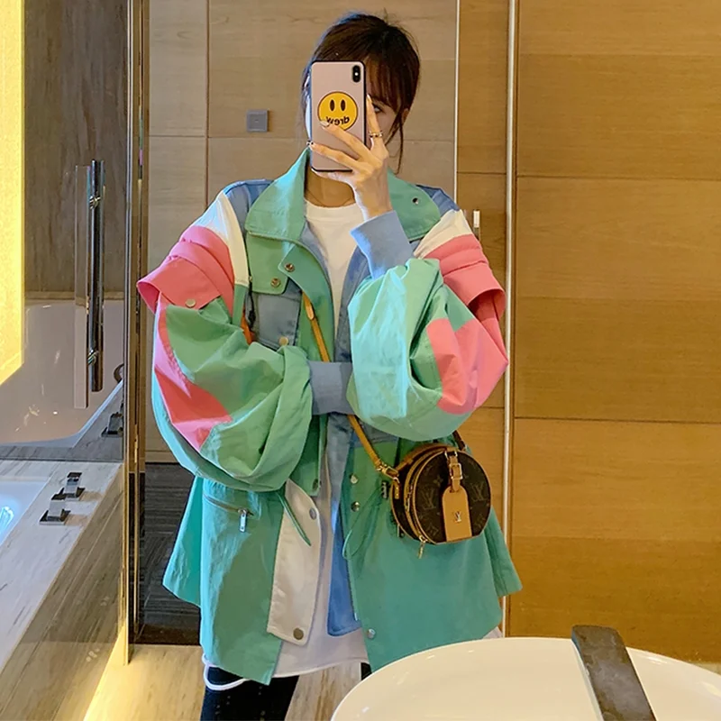 Women The Long-sleeved Stitching Design Bomber Jacket Outerwear Ladies Safari Style Sky Blue Overcoat