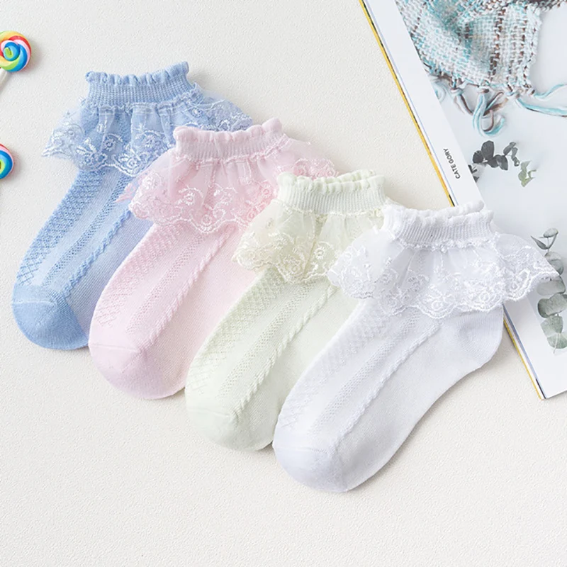 USHINE Baby Toddler Girls Ruffle Socks White Lace Ruffle Frilly Princess Eyelet Cotton Ankle Dress Socks for Little Kids Gils