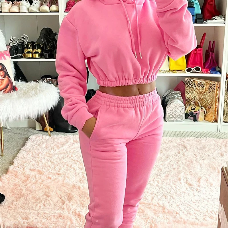 Fashion Street Style 2Pcs Casual Outdoor Suits Drawstring Midriff-baring Long Sleeve Sweatshirt Elastic Waist Pockets Pants Pink