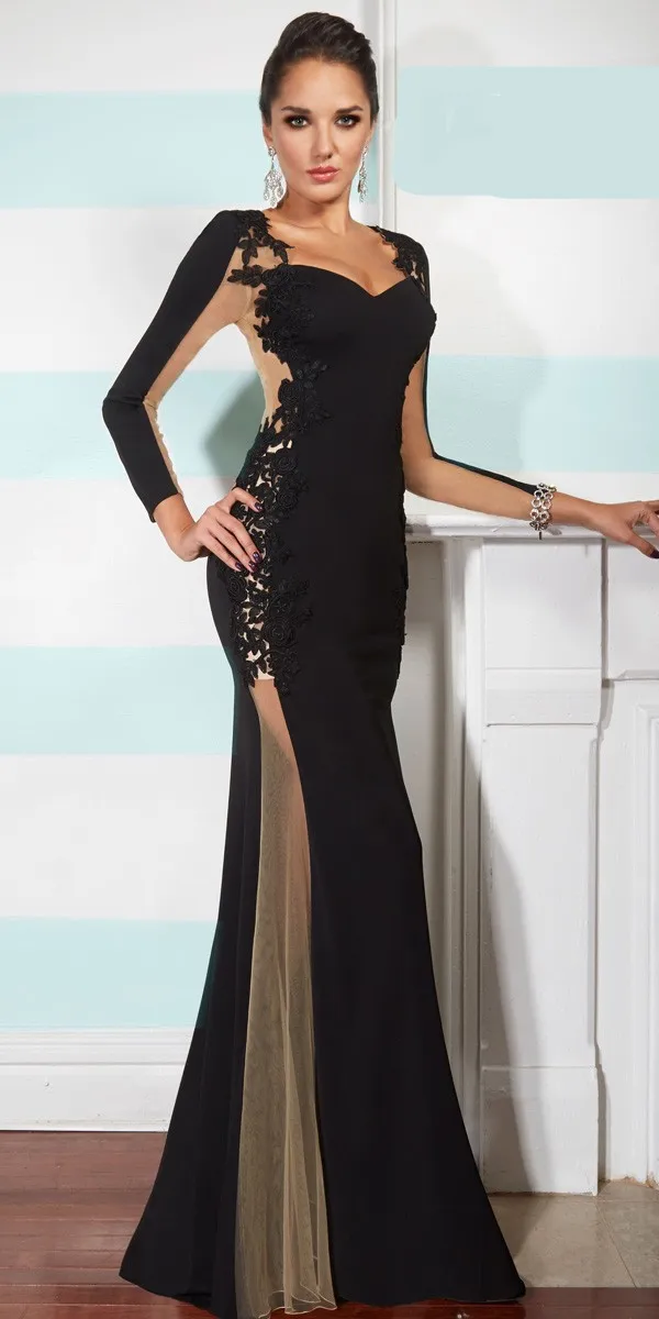 Nova chegada vestidos de noite 2015 querida mangas compridas preto e champanhe longo vestido formal renda appliqued em04816