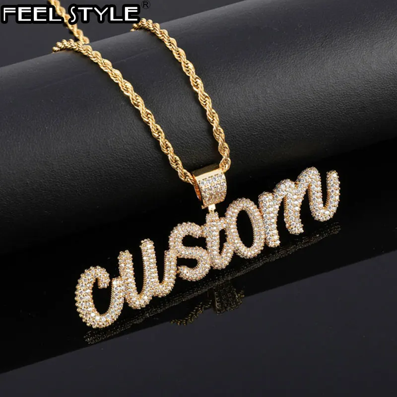 Hip Hop Custom Name Bubble Letters Cubic Zirconia Iced Out Chain Pendants & Necklaces For Men Women Jewelry With Solid Back