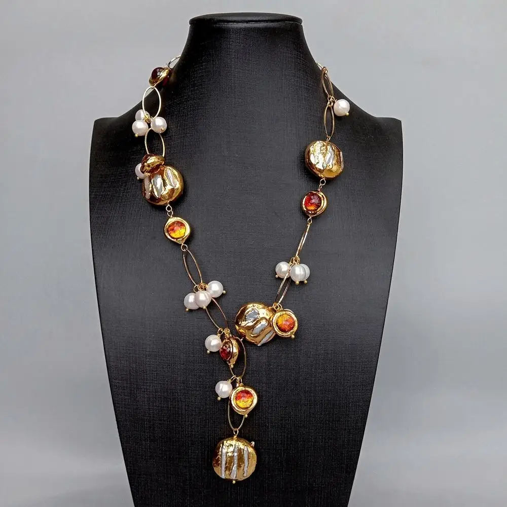 

Y.YING Freshwater Cultured White Biwa Pearl Brown Murano Glass Chain Pearl Y-Drop Necklace 21"