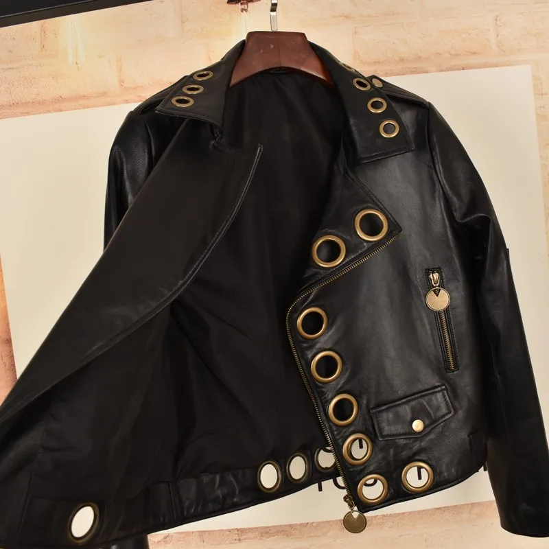 New Designer Women Metal Hollow Out Sheepskin Real Leather Jacket Punk Style Moto Biker Short Outwea Coat Genuine Leather Jacket