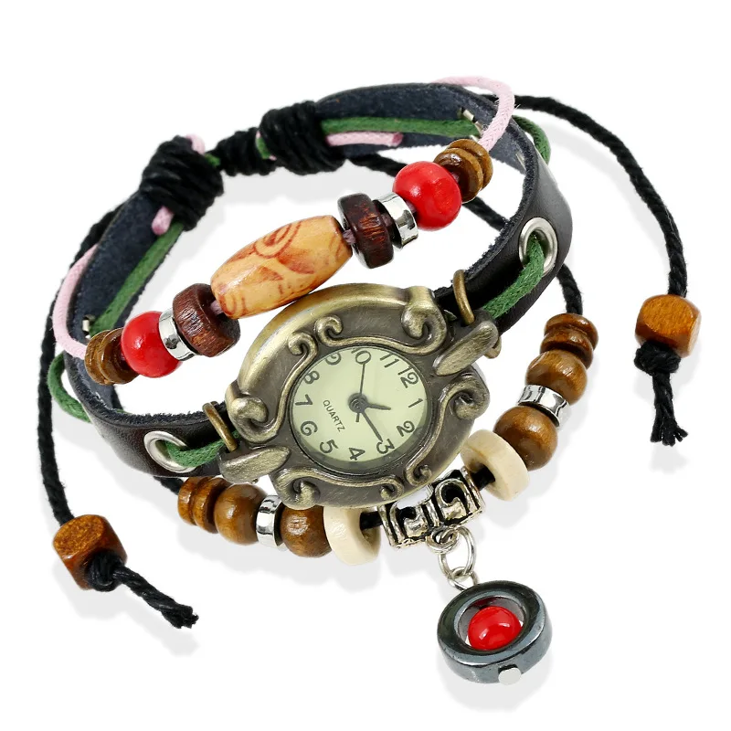 Jessingshow Women Retro Rivet Braided Bracelet Leather Strap Vintage Wood Beads Jewelry Watch Clock Digital Adjustable Bracelets