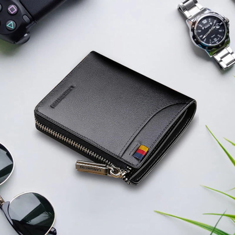 LAORENTOU Business Men's Short Wallet Small Card Holder Genuine Leather Fashion Coin Purse Casual Standard Clutch Money Bag Male image 2