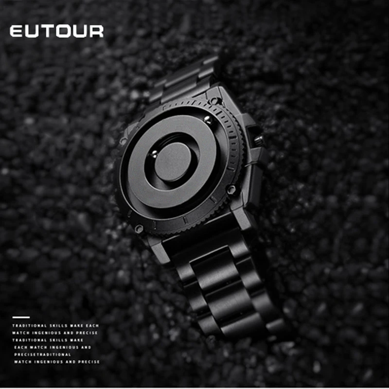 EUTOUR-reloj deportivo magnético para hombre, cronógrafo con puntero, resistente al agua, correa de acero inoxidable a la moda