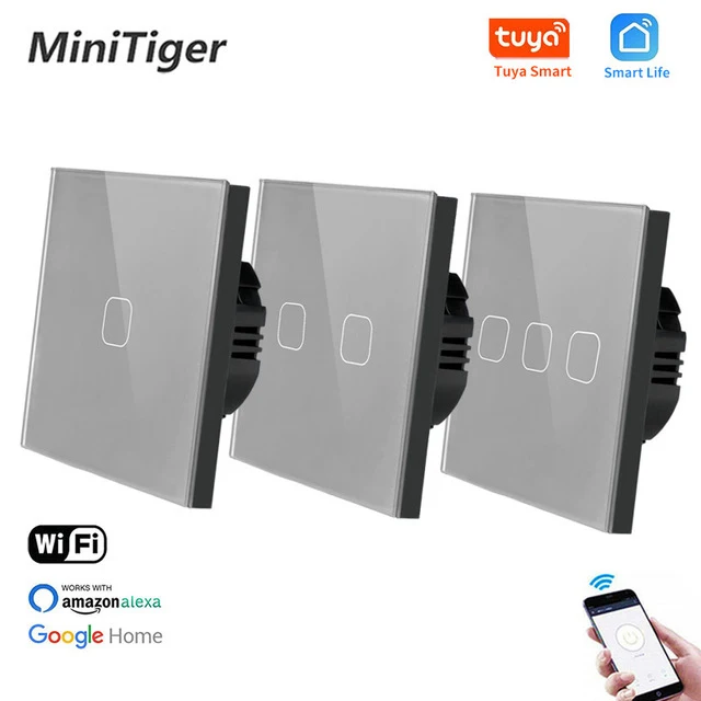 Minitiger EU/UK WIFI Smart Touch Switch APP Wireless Remote Light Wall Switch Crystal Glass Panel Work With Alexa / Google Home