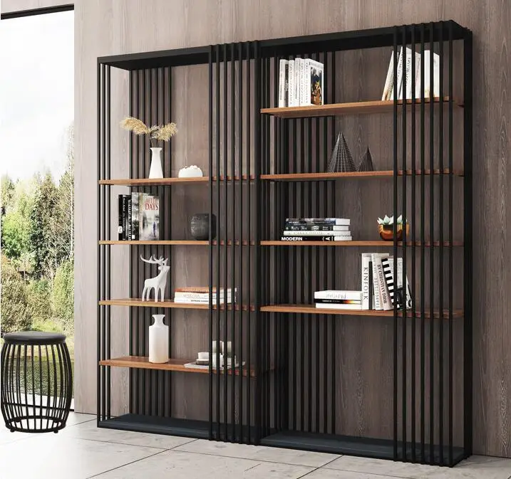 Office bookshelf floor living room wrought iron solid wood multi-layer partition rack creative display rack