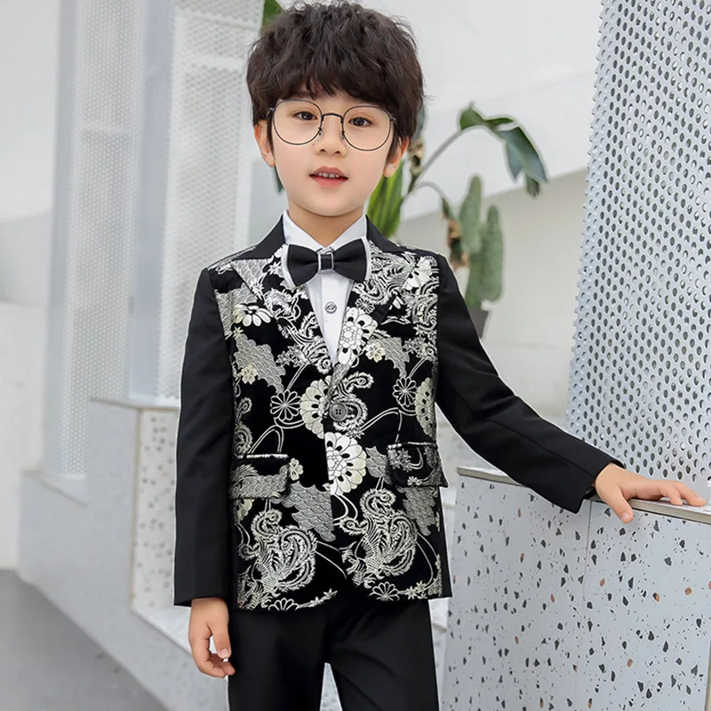 

Children's Day Performance Graduation Dress Boys Silver Pressed Jacket+Pants 2Pcs Clothing Set Kids Luxurious Wedding Suit