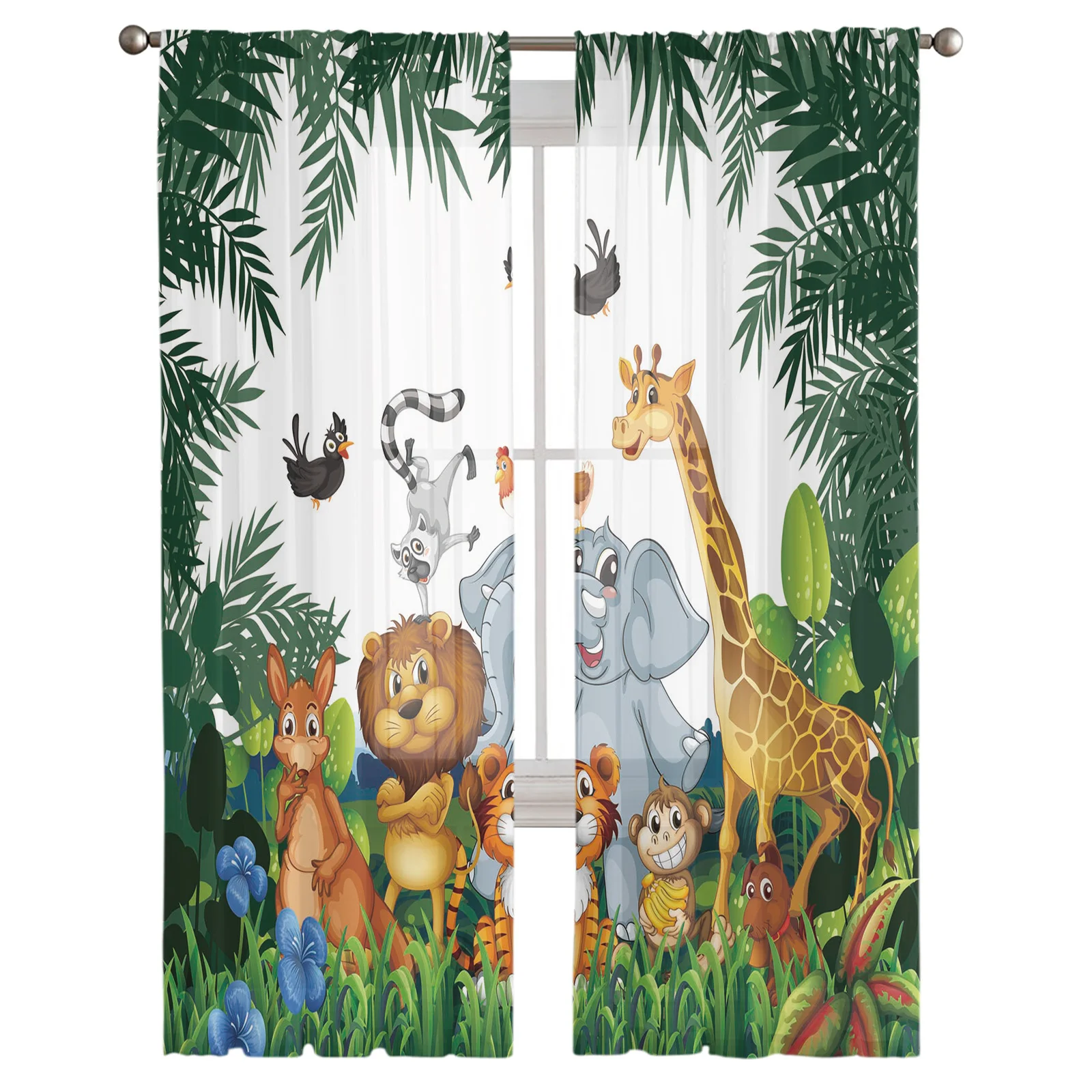 Tropical Jungle Cartoon Animal Giraffe Lion Elephant Tulle Curtain Voile Transparent for Bedroom Living Room Sheer Curtains