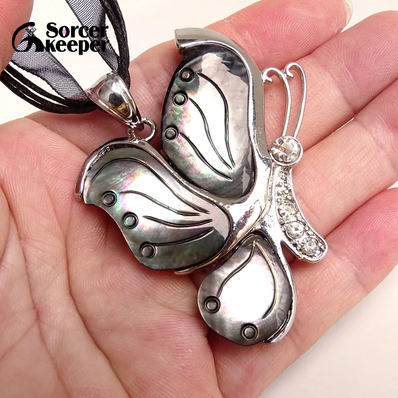 Vintage Natural Big Metal Wraped Butterfly shaped Mosaic Pattern Abalone Sea Shell Pendant Chain Necklace Jewelry For Women BS03