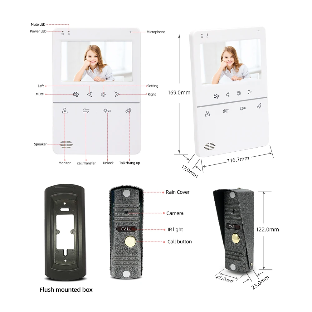 4.3 Inch Video intercom Doorbell 1200TVL Wide-Angle Camera Video Door Phone Support Video Call With One Key To Unlock