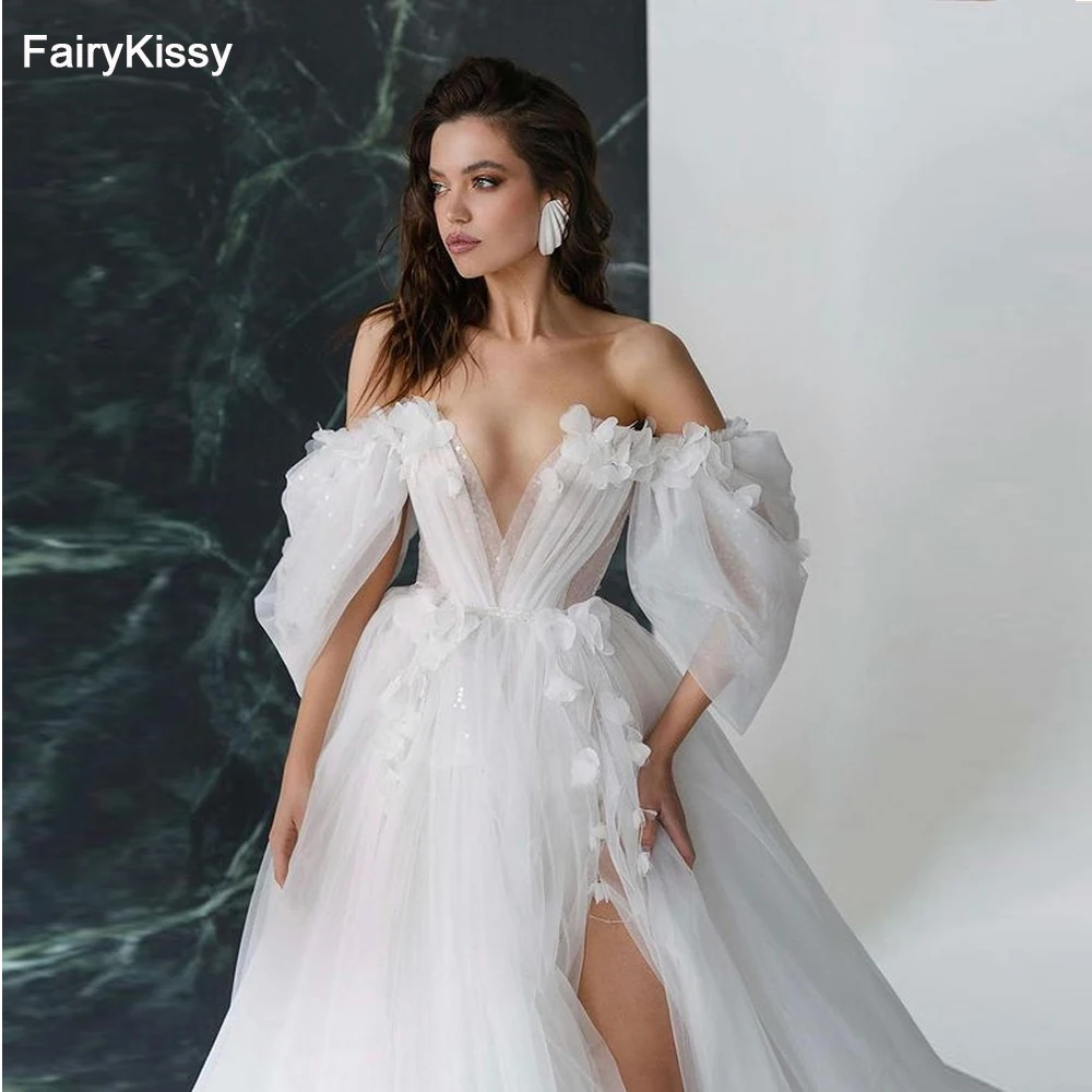 FairyKissy – robe de mariée de princesse, asymétrique épaule dénudée, manches bouffantes, ligne a, Tulle, paillettes, robe de plage, grande taille