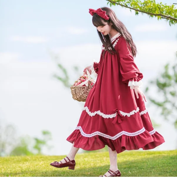 Công Chúa Tiệc Trà Ngọt Lolita Đầm Retro Ren Nơ Phong Cách Pháp Thanh Lịch Victoria Đỏ Đô Kawaii Cô Gái Gothic Lolita Op