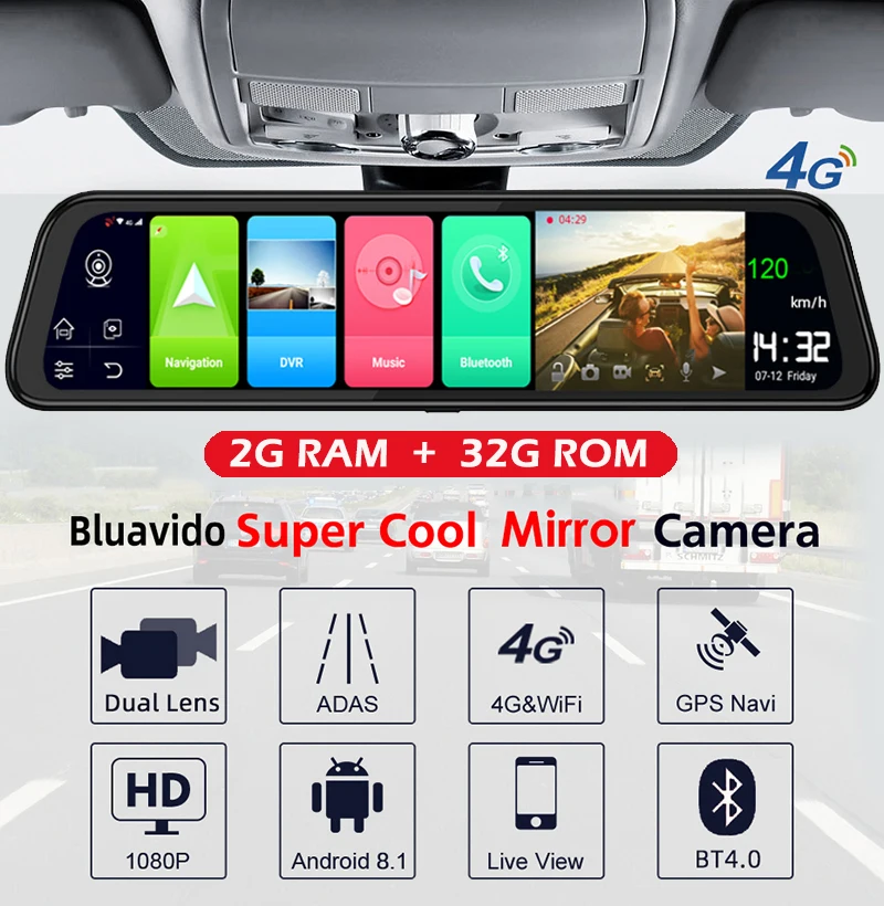 12 بوصة 4G سيارة لتحديد المواقع والملاحة مرآة الرؤية الخلفية كاميرا DVR واي فاي أندرويد 8.1HD 1080P داش كام مسجل فيديو ADAS مراقبة وقوف السيارات