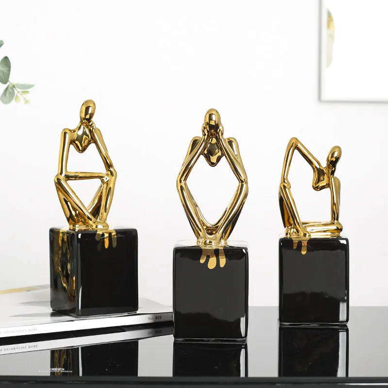 

Modern White Gold Thinker Ceramic Ornaments Art Company Office Desktop Figurines Crafts Bookcase TV Cabinet Sculpture Decoration