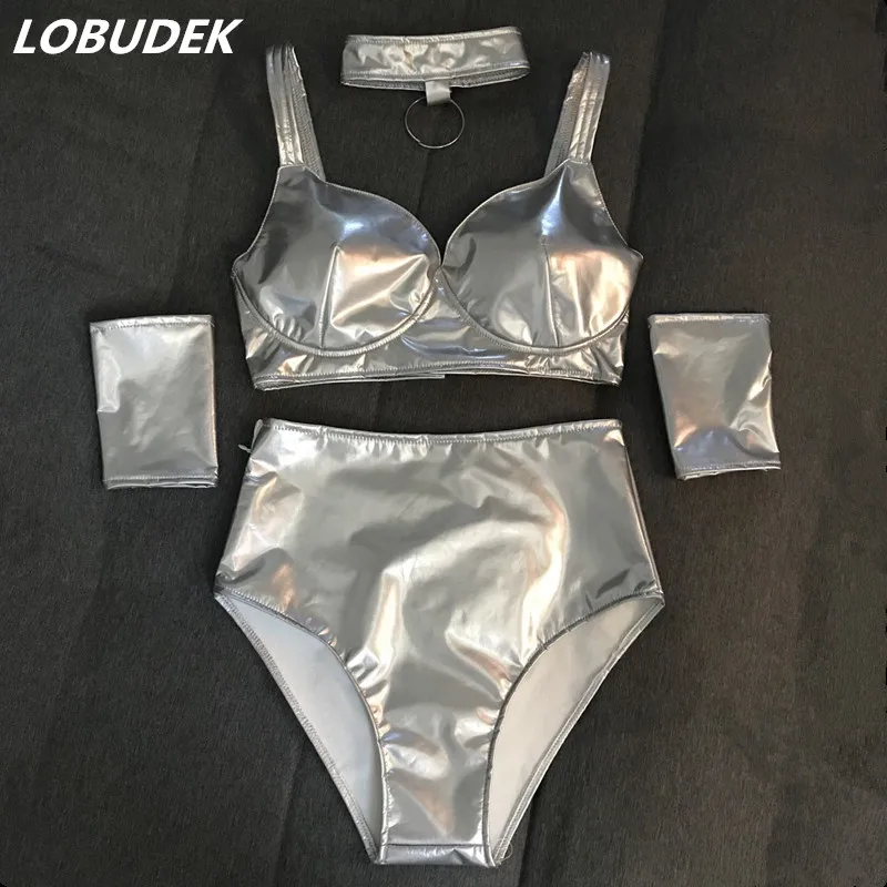 Elastic Patent Leather Bikini Set Sexy Nightclub Bar DJ Party Women Dancer Team Pole Dancing Costume Female Stage Wear