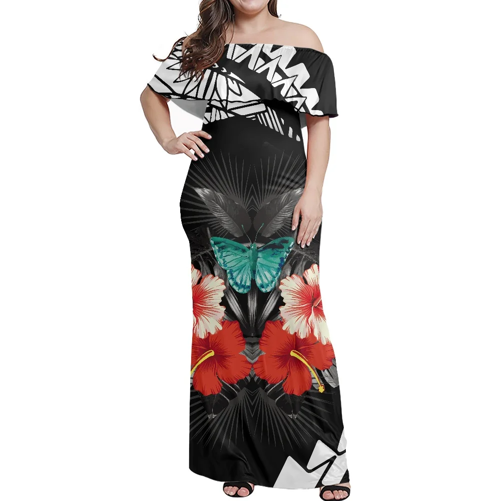 

Hycool Butterfly Hawaii Flower Printing Casual Dress Stylish Sleeveless Long Robe Ruffle Off Shoulder Women Clothing 5xl 7xl