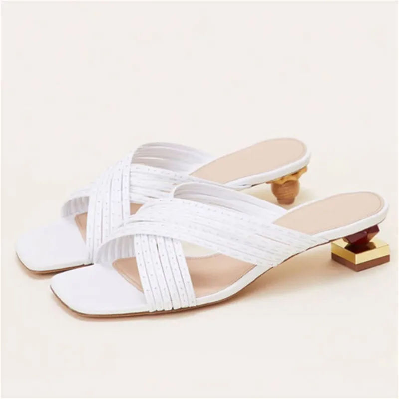 

White Women Slippers Strange Heel Outside Slides Prom Shoes Ladies Summer Gladiator Sandals Dress Mules Sandalias Mujer