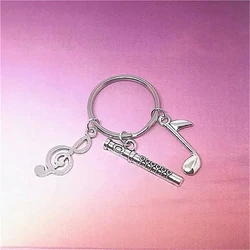 Handmade Women/Men's Fashion Vintage Style Antique Silver Color Flute and Music Notes Key Chains Key Rings Gift for Music Lovers