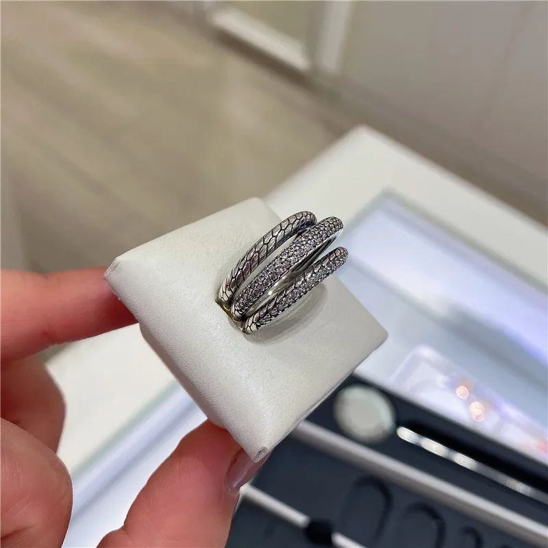 925 Sterling Silver Triple Band Pavé Snake Chain Pattern Ring Fashion Pandora Style Jewelry Ring For Women