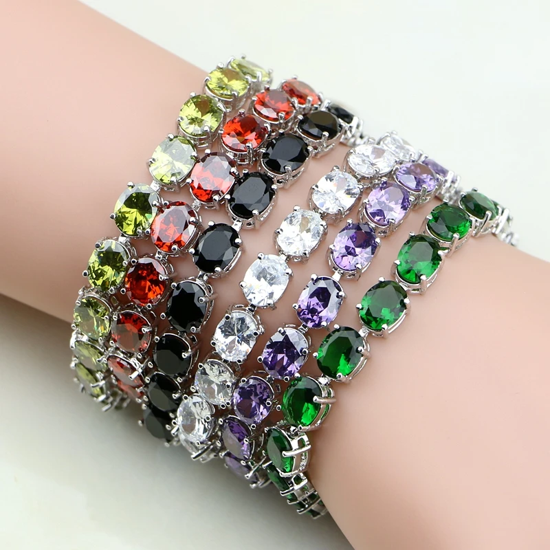 925 Silver Jewelry Multicolor Cubic Zirconia White Crystal Charm Bracelet Chain Link For Women Free Gift Box 19 cm