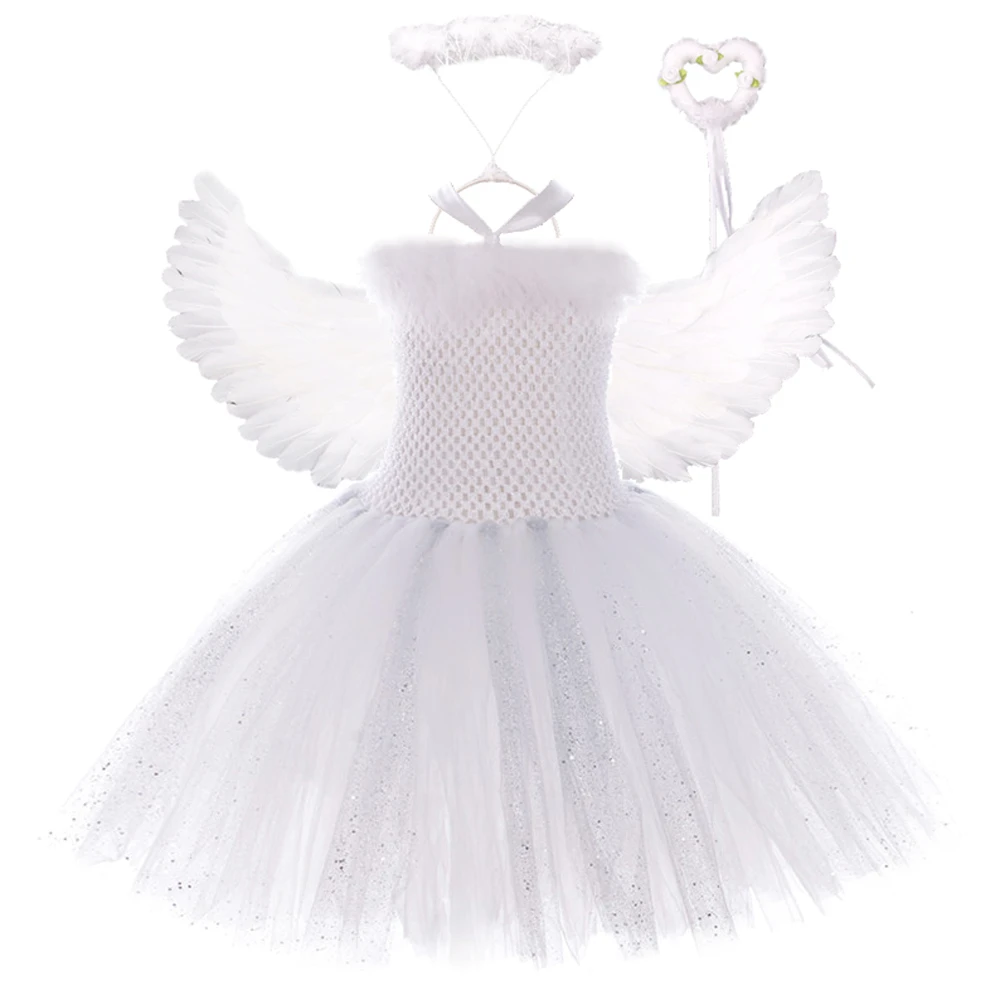 Silver Sequins White Angel Wings Tutu Dress for Girls Princess Christmas New Year Costumes Kids Girl Fairy Dresses for Birthday