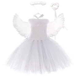 Silver Sequins White Angel Wings Tutu Dress for Girls Princess Christmas New Year Costumes Kids Girl Fairy Dresses for Birthday