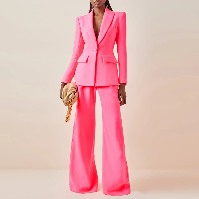 HIGH STREET Newest Fashion 2024 Designer Suit Set Women's Single Button Slim Fit Blazer Flare Pants Suit two-piece Hot Pink