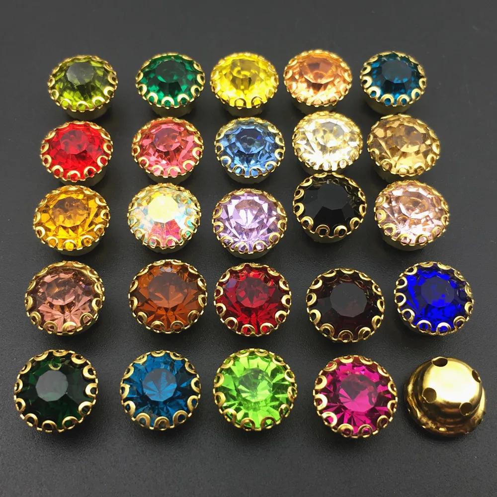 6mm 8mm Round Glass Chatons Crystal With Gold Lace Claw setting Nice Colors Sew On Rhinestone Beads Bags Wedding Dress Diy