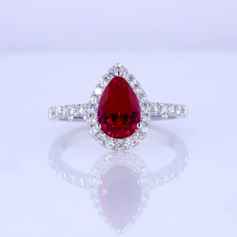 10K Soild White Gold Fashion Jewelry 6*9mm Pear Lab Grown Ruby & Lab Grown Diamond Ring Jewelry For Girl Anniversary Gift Women